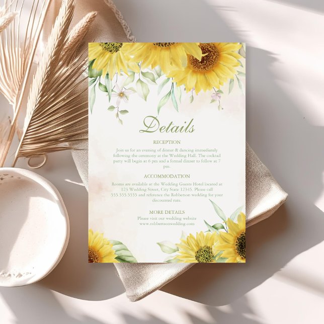 Rustic Sunflower Delight Detaljer Enclorsure Kort (Rustic Sunflower Delight Details Enclorsure Card on a boho sunny table.)
