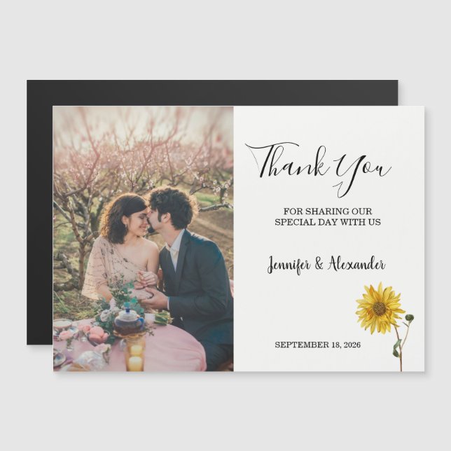 Rustic sunflower floral photo Thank You Magnetisk Inbjudningskort (Fram/baksida)