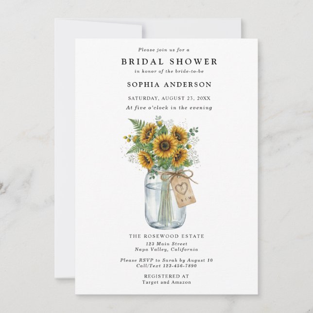 Rustic Sunflower Mason Jar Bridal Shower Inbjudningar (Framsida)