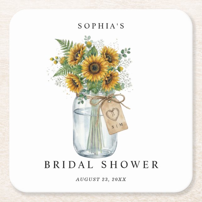 Rustic Sunflower Mason Jar Bridal Shower Square  Underlägg Papper Kvadrat (Framsidan)