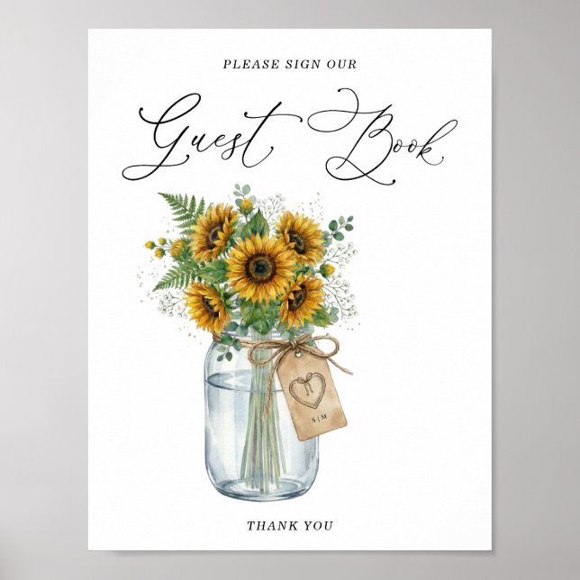 Rustic Sunflower Mason Jar Guest Book Sign Poster (Framsidan)