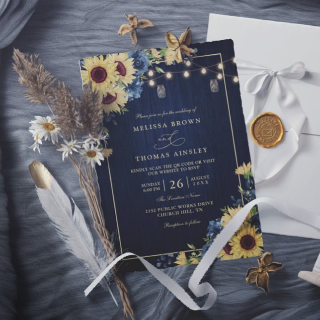 Rustic Sunflower Navy Blue Wood QR Code Wedding Inbjudningar (Skapare uppladdad)