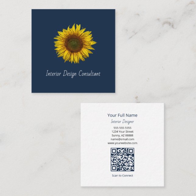 Rustic Sunflower QR code Boho Navy Blue Fyrkantigt Visitkort (Fram/baksida)