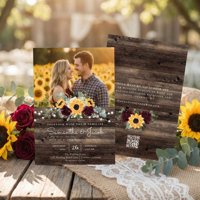 Rustic Sunflower QR Code RSVP Wedding Inbjudningar (Skapare uppladdad)