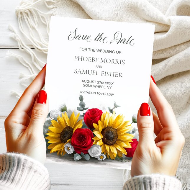 Rustic Sunflower Red Rose Wedding Save the Date Spara Datumet (Skapare uppladdad)