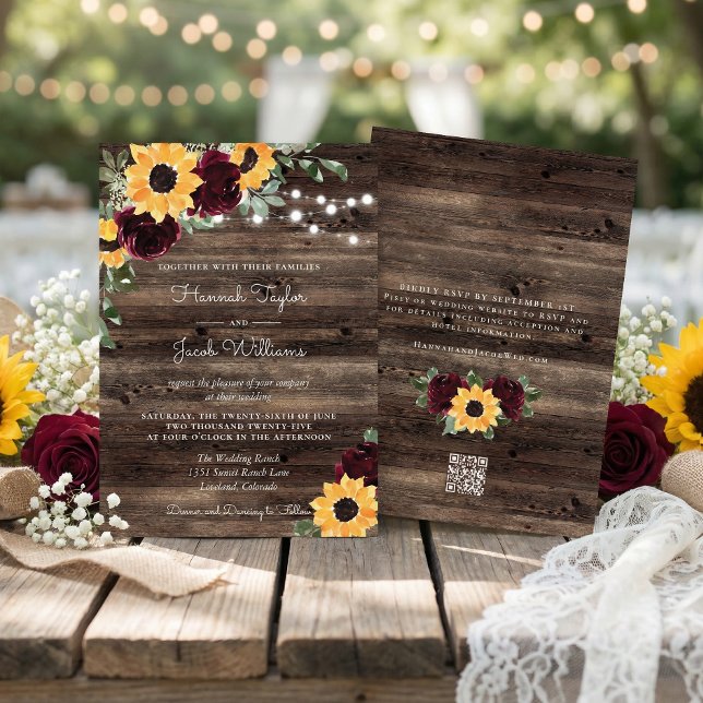 Rustic Sunflower Roses Barn QR Code Wedding Inbjudningar (Skapare uppladdad)