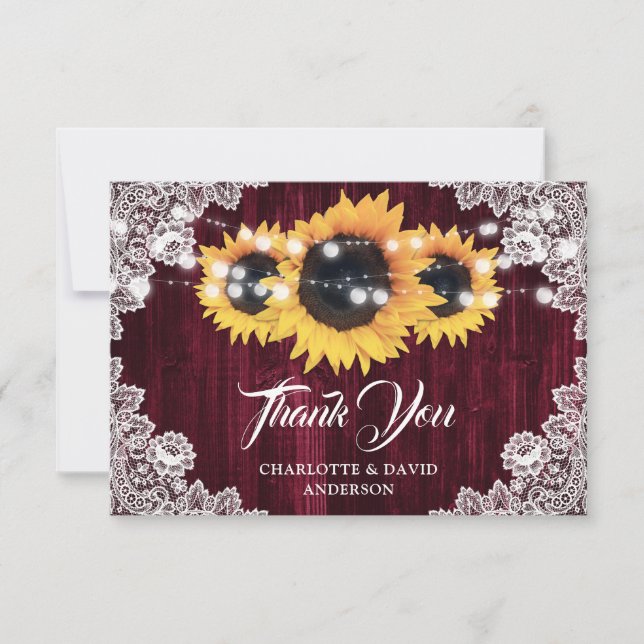 Rustic Sunflower Wood Floral Lace Burgundy Wedding Tack Kort (Framsida)