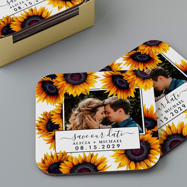 Rustic sunflowers photo wedding save the date underlägg papper kvadrat (Skapare uppladdad)