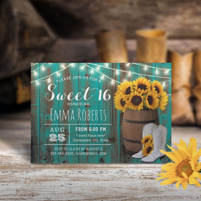 Rustic Sunros Barrel Teal Barn Cowgirl Sweet 16 Inbjudningar (Skapare uppladdad)