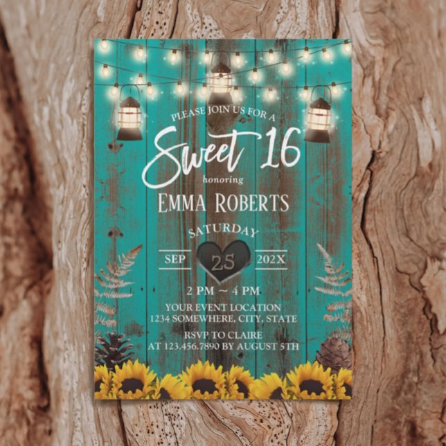 Rustic Sunrows & Lanternor Teal Barn Sweet 16 Inbjudningar (Skapare uppladdad)