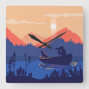 Rustic Sunset Fishing Scene Square Wall Clock Fyrkantig Klocka