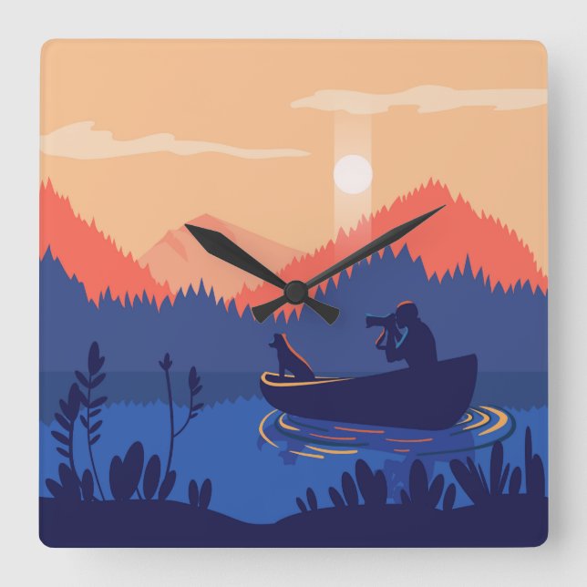 Rustic Sunset Fishing Scene Square Wall Clock Fyrkantig Klocka (Framsida)