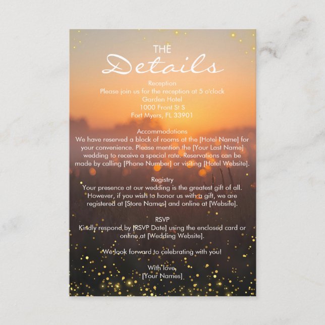 Rustic Sunset Nature Fireflies Wedding Details Tilläggskort (Framsida)
