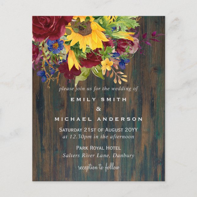 Rustic Sunwers Gult Burgundy Blommigt Bröllop (Framsida)