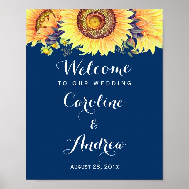 Rustic Sunwers Navy Blue Welcome Bröllop Sign Poster (Framsidan)