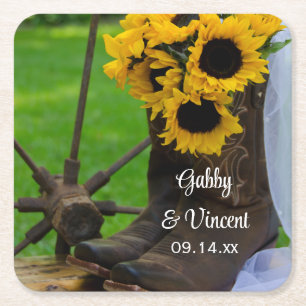 Rustic Sunwers och CowboyBoots Westerna Bröllop Underlägg Papper Kvadrat
