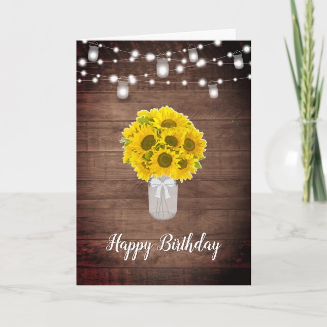 Rustic Sunwers String Ljus Mason Burk Birthday Kort (Framsida)