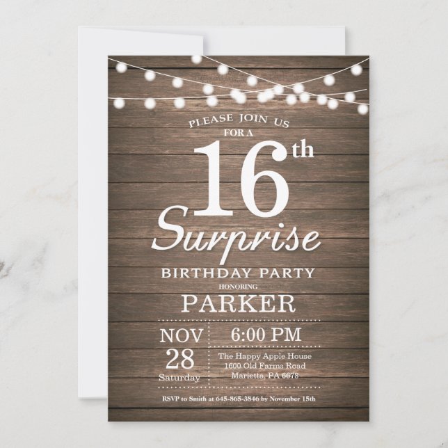Rustic Surprise 16:e födelsedagsinbjudan Wood Inbjudningar (Framsida)