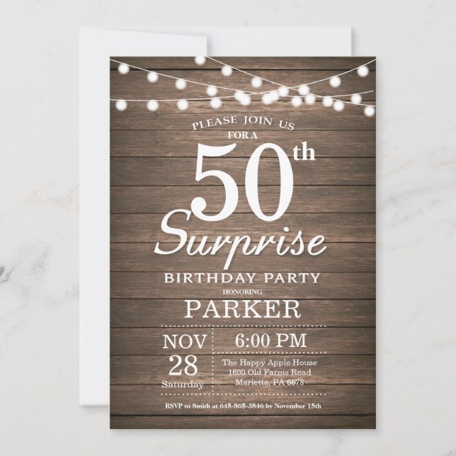 Rustic Surprise 50:e födelsedagsinbjudan Wood Inbjudningar (Framsida)