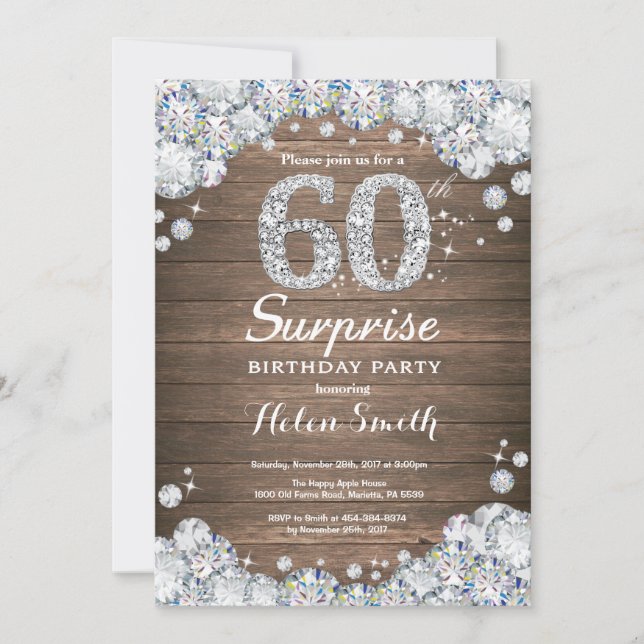 Rustic Surprise 60:e födelsedagen Silver Diamond Inbjudningar (Framsida)