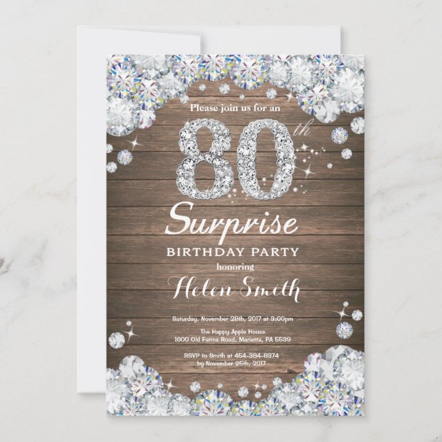 Rustic Surprise 80 Birthday Silver Diamond Inbjudningar (Framsida)