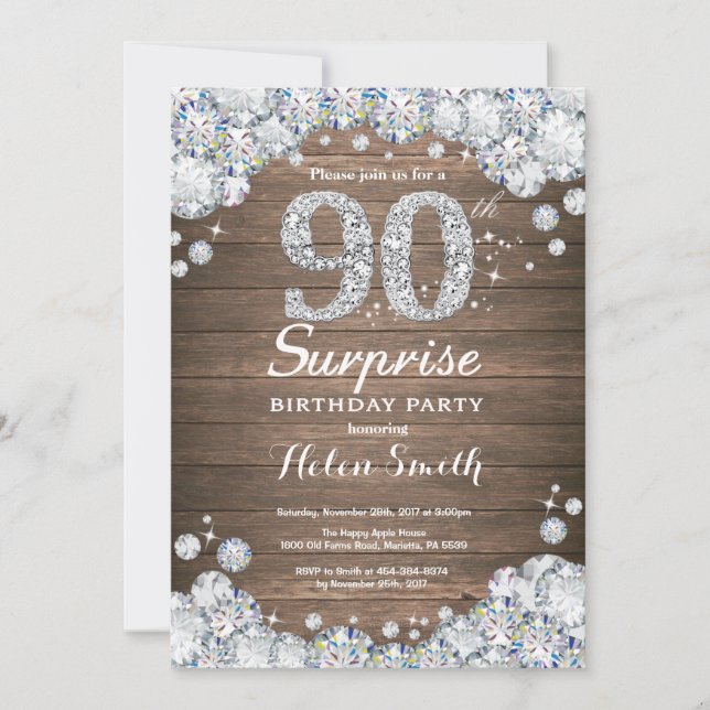 Rustic Surprise 90:e Birthday Silver Diamond Inbjudningar (Framsida)