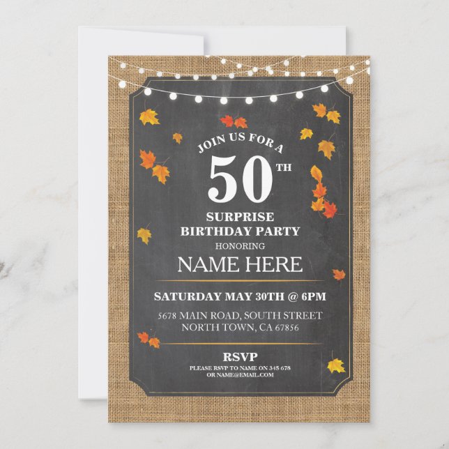Rustic Surprise Birthday Fall Party 50:e Inbjudan (Framsida)