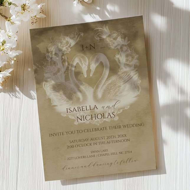 Rustic Svan Monogram bröllopsinbjudan Inbjudningar (Romantic Wedding Invite)