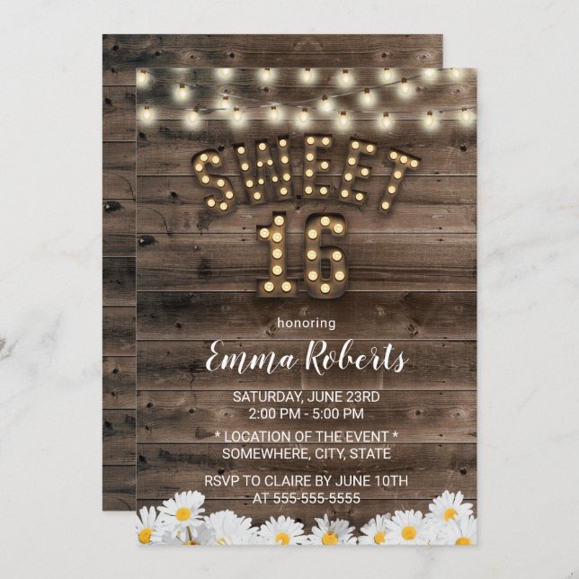 Rustic Sweet 16 Daisy Flowers Barn Wood Inbjudningar (Fram/baksida)