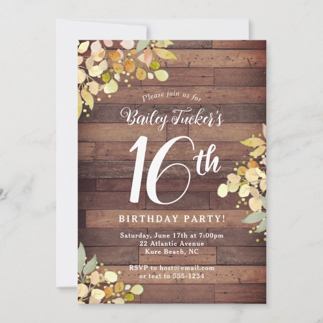 Rustic Sweet 16 Fall Blommigts Löv 16:e födelsedag Inbjudningar (Framsida)