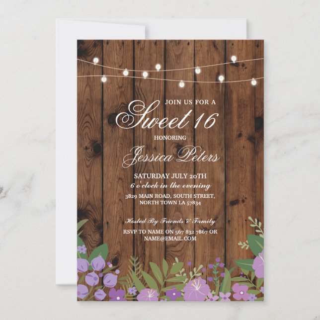 Rustic Sweet 16 Födelsedagsfesters Blommigt Wood I Inbjudningar (Framsida)