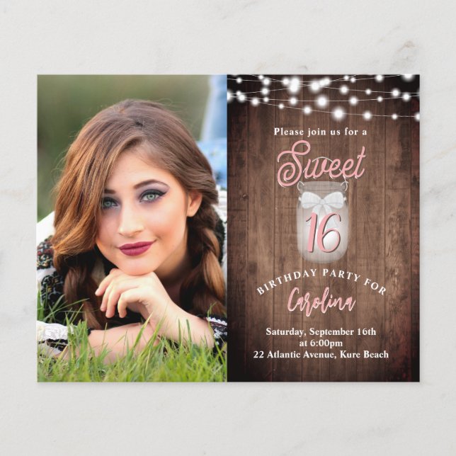Rustic Sweet 16 Mason Burk Ljus Birthday Inbjudan (Framsida)
