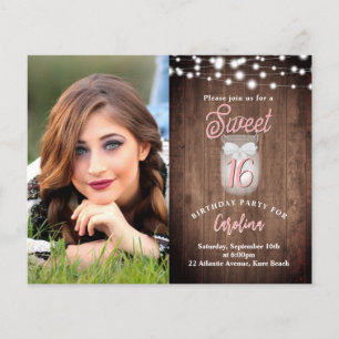 Rustic Sweet 16 Mason Burk Ljus Birthday Inbjudan