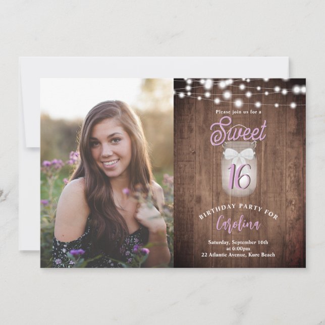 Rustic Sweet 16 Mason Burk Ljus Lila Birthday Inbjudningar (Framsida)