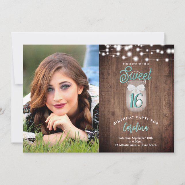 Rustic Sweet 16 Mason Burk Ljus Teal Birthday Inbjudningar (Framsida)