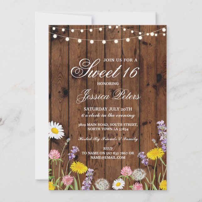 Rustic Sweet 16 Party Blommigt Vild Flowers Inbjud Inbjudningar (Framsida)