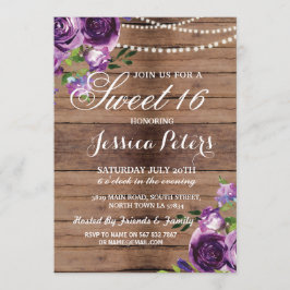 Rustic Sweet 16 Party Blommigt Wood Lila Inbjudan