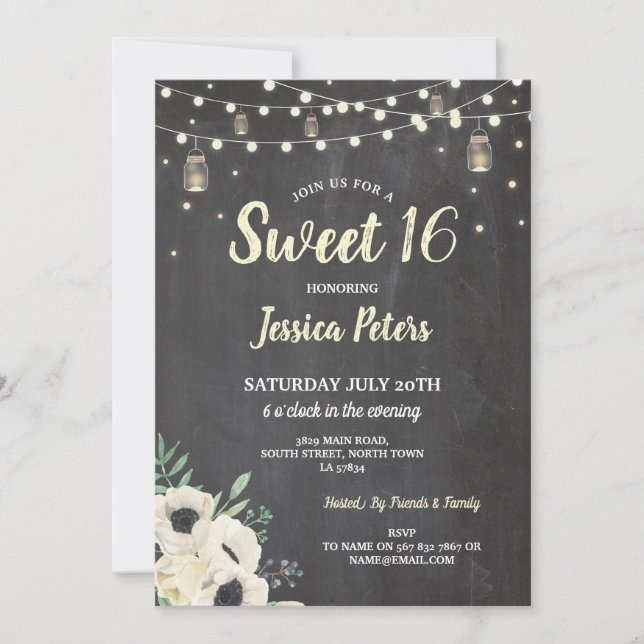 Rustic Sweet 16 Party Chalk Burk Cream Fireflies Inbjudningar (Framsida)