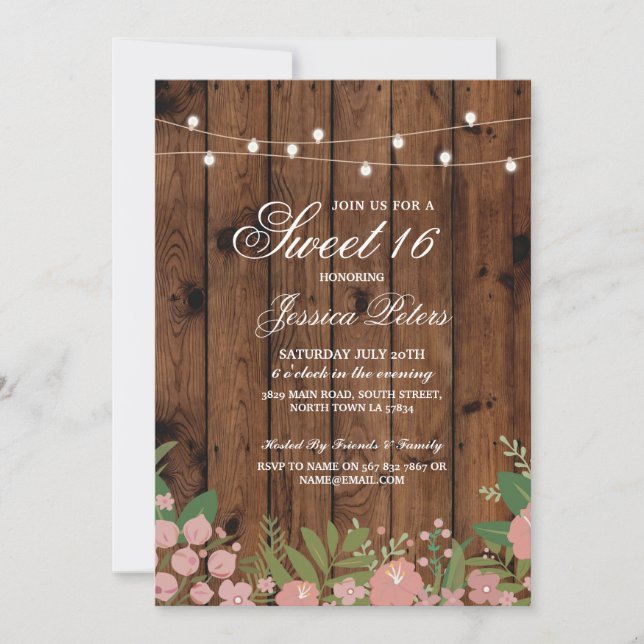 Rustic Sweet 16 Party Coral Blommigt Wood Inbjudan (Framsida)
