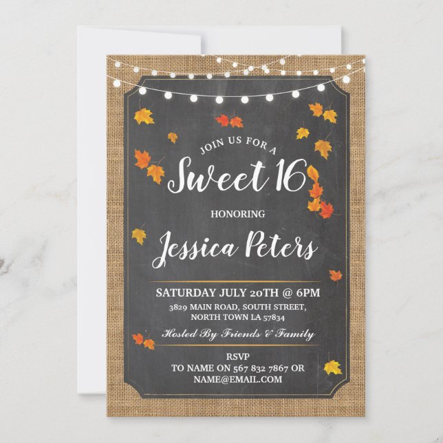 Rustic Sweet 16 Party Fall Chalk Ljus Inbjudan (Framsida)