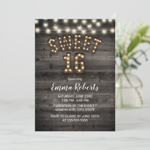Rustic Sweet 16 String Ljus Barn Wood Birthday Inbjudningar