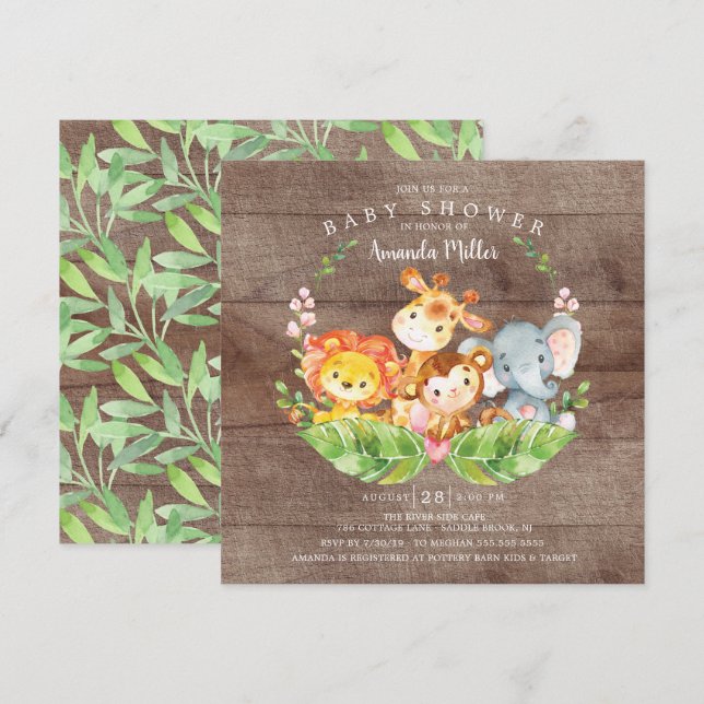 Rustic Sweet Jungle Safari Animals Baby Shower Inbjudningar (Fram/baksida)