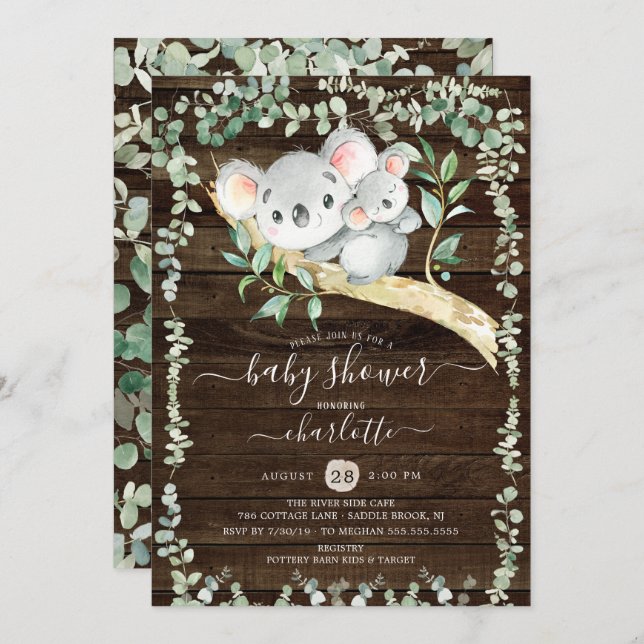 Rustic Sweet Koala Bear Baby Shower-inbjudan Inbjudningar (Fram/baksida)