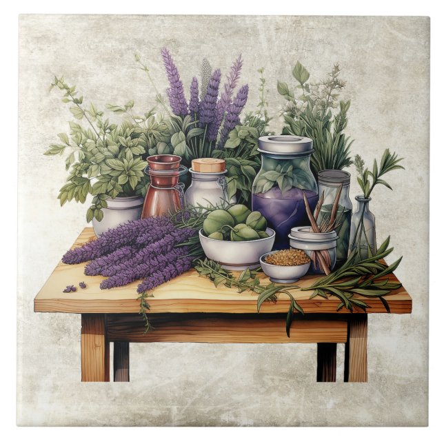 Rustic Table with Herbs Watercolors Kakelplatta (Framsidan)