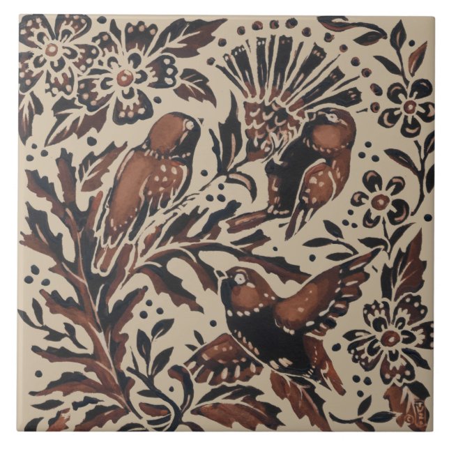 Rustic Tan Brown Birds & Thistle Flowers Nature Kakelplatta (Framsidan)