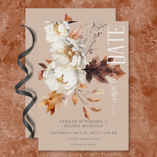 Rustic Tan Cream & Brown Fall Blommigt Spara Datumet (Rustic Tan Cream & Brown Fall Floral Save The Date)