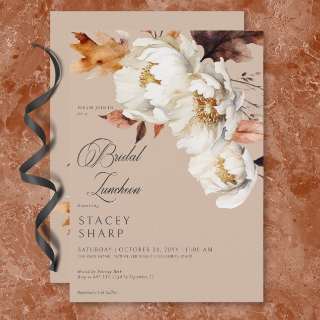 Rustic Tan & Cream Fall Blommigt & Lövs Luncheon Inbjudningar (Rustic Tan & Cream Fall Floral & Leaves Luncheon Invitation)