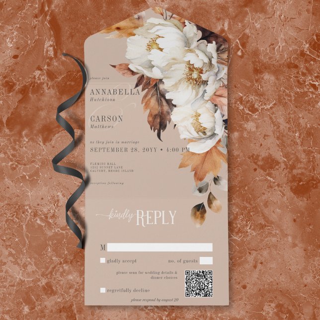 Rustic Tan & Cream Fall Blommigt & Lövs QR-kod (Rustic Tan & Cream Fall Floral & Leaves QR Code All In One Invitation)