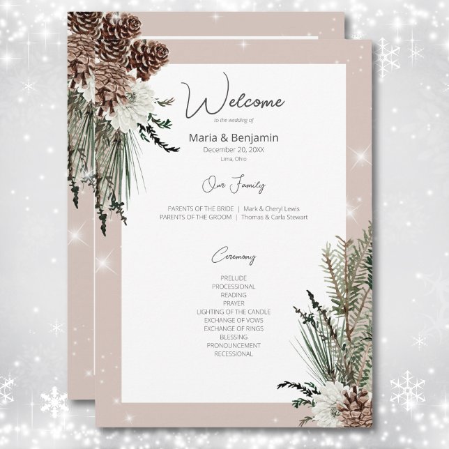 Rustic Tan Gräs Winter Gnistra Bröllop Program (Rustic Tan Pine Winter Sparkle Wedding Program)