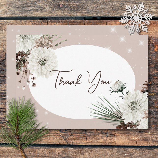 Rustic Tan Gräs Winter Gnistra Bröllop Tack Kort (Rustic Tan Pine Winter Sparkle Wedding Thank You Card)